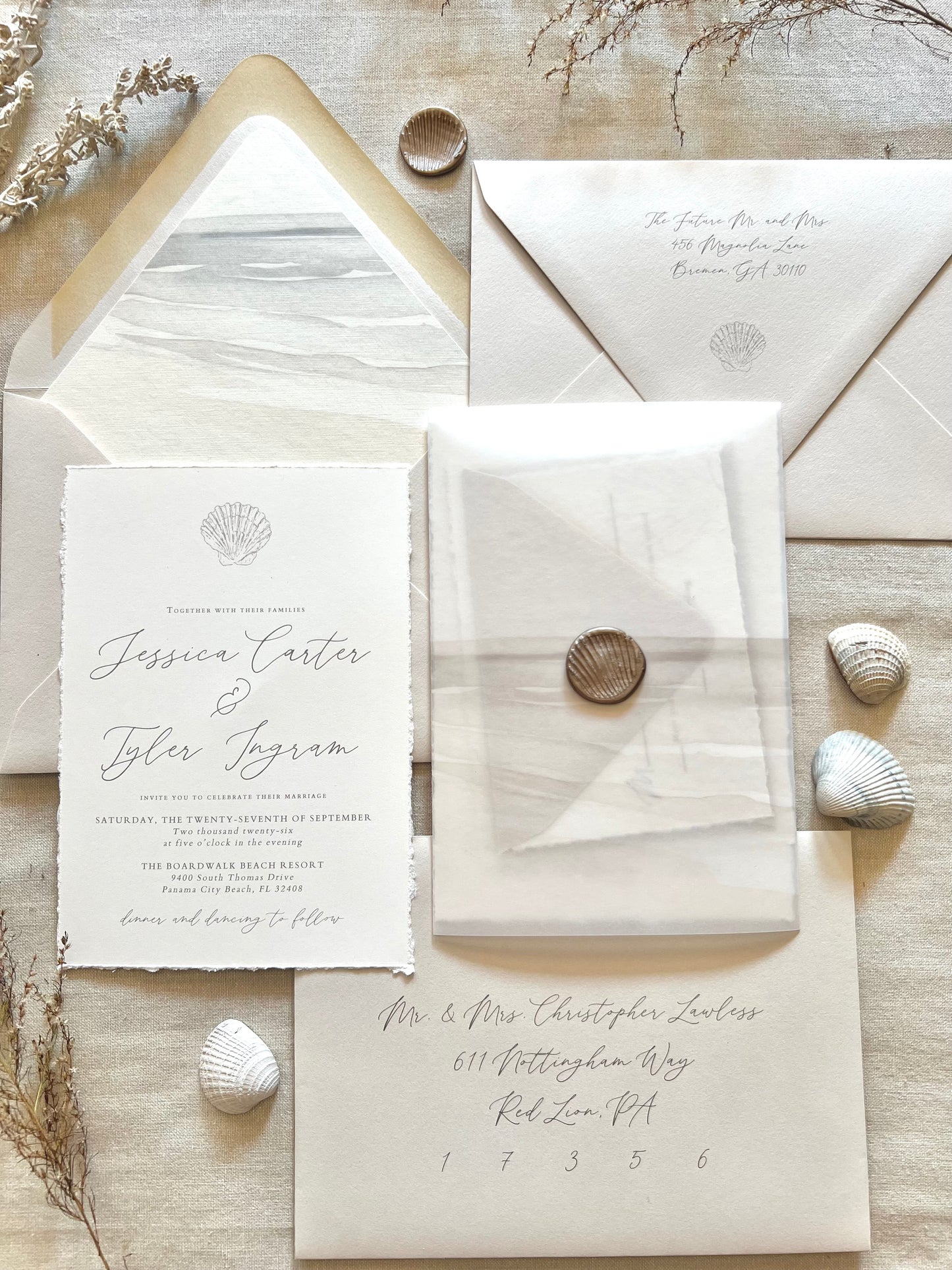 Beach Wedding Invitation with Vellum & Seashell Wax Seal