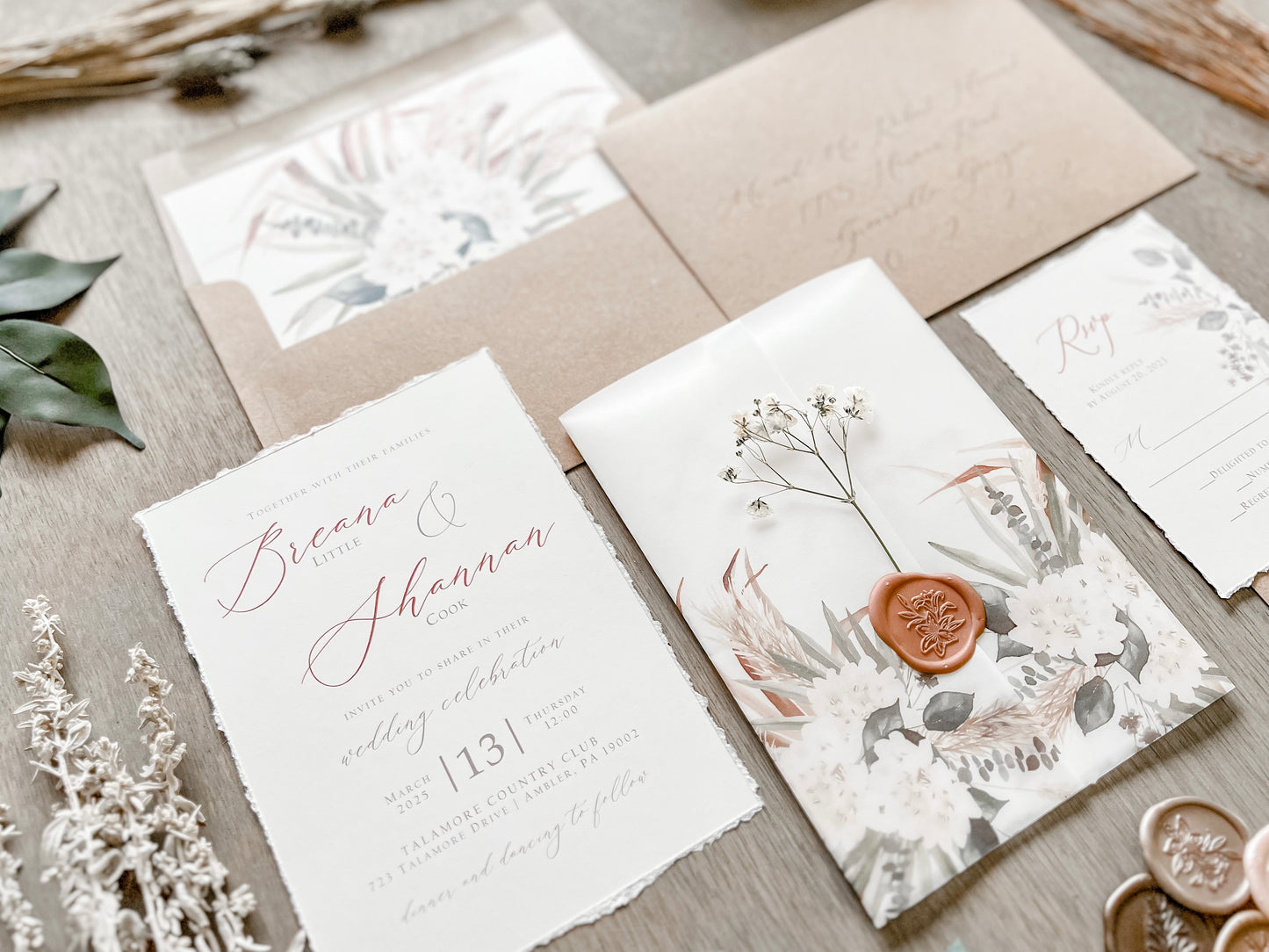 Pampas Grass and White Floral Wedding Invitation with Baby’s Breath, Deckled Edge and Boho Vellum with Wax Seal