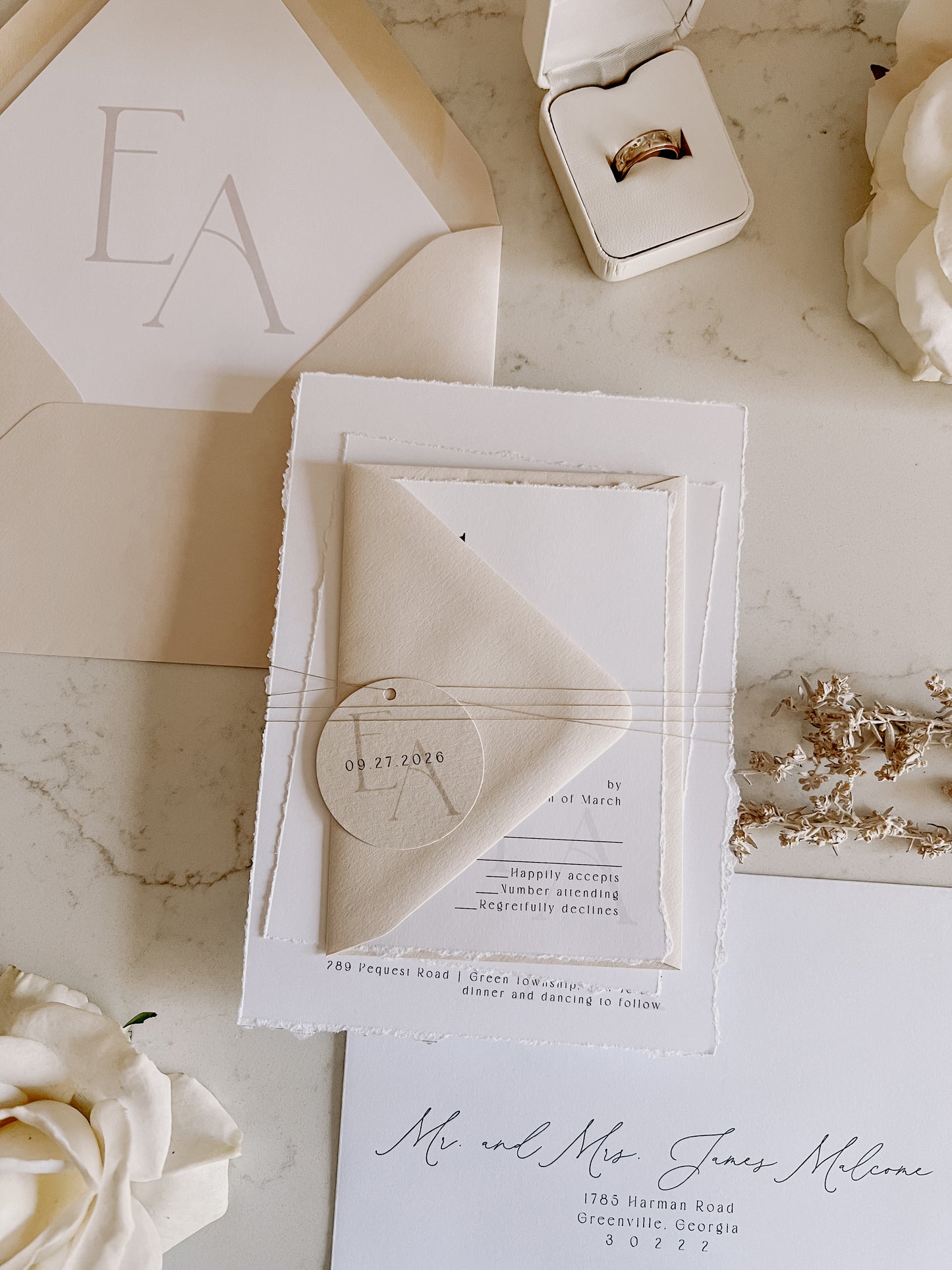 Modern Wedding Invitation with Monogram Tag