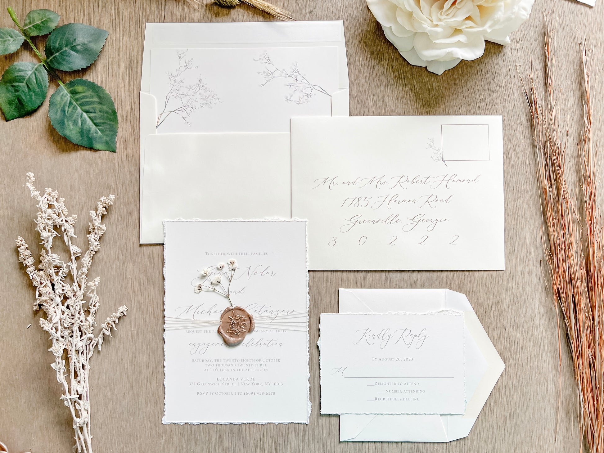 Elegant Ivory Baby’s Breath Wedding Invitation with Deckled Edging, Khaki Thread and Wax Seal