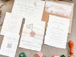 Neutral Wedding Invitation with Deckled Edging, Vellum Belly Band, Chiffon Ribbon, Dried Baby’s Breath and Wax Seal