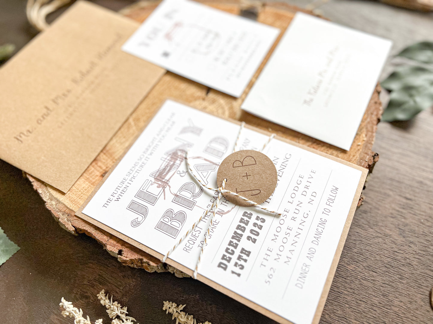Country Farm Barn Wedding Invitation with Twine and Round Monogram Tag