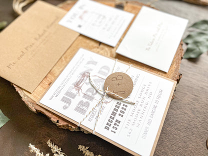 Country Farm Barn Wedding Invitation with Twine and Round Monogram Tag