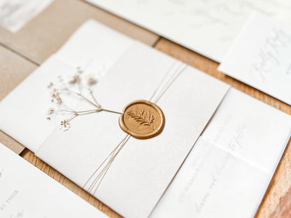 Elegant Wedding Invitation with Baby’s Breath, Beige & Vellum Wrap and Wax Seal