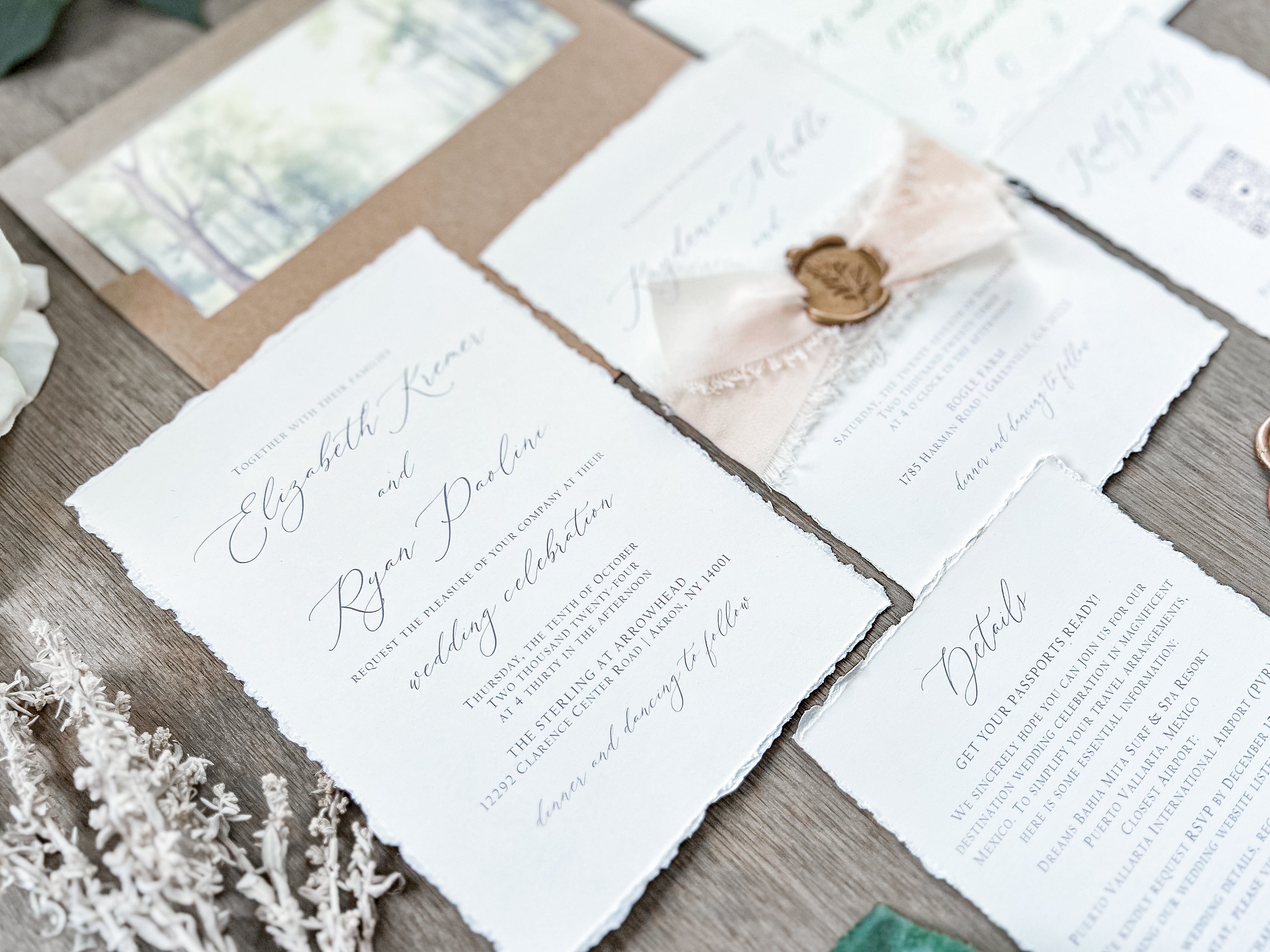 Old Money Wedding Invitation with Deckled Edging, Chiffon Ribbon and Wax Seal