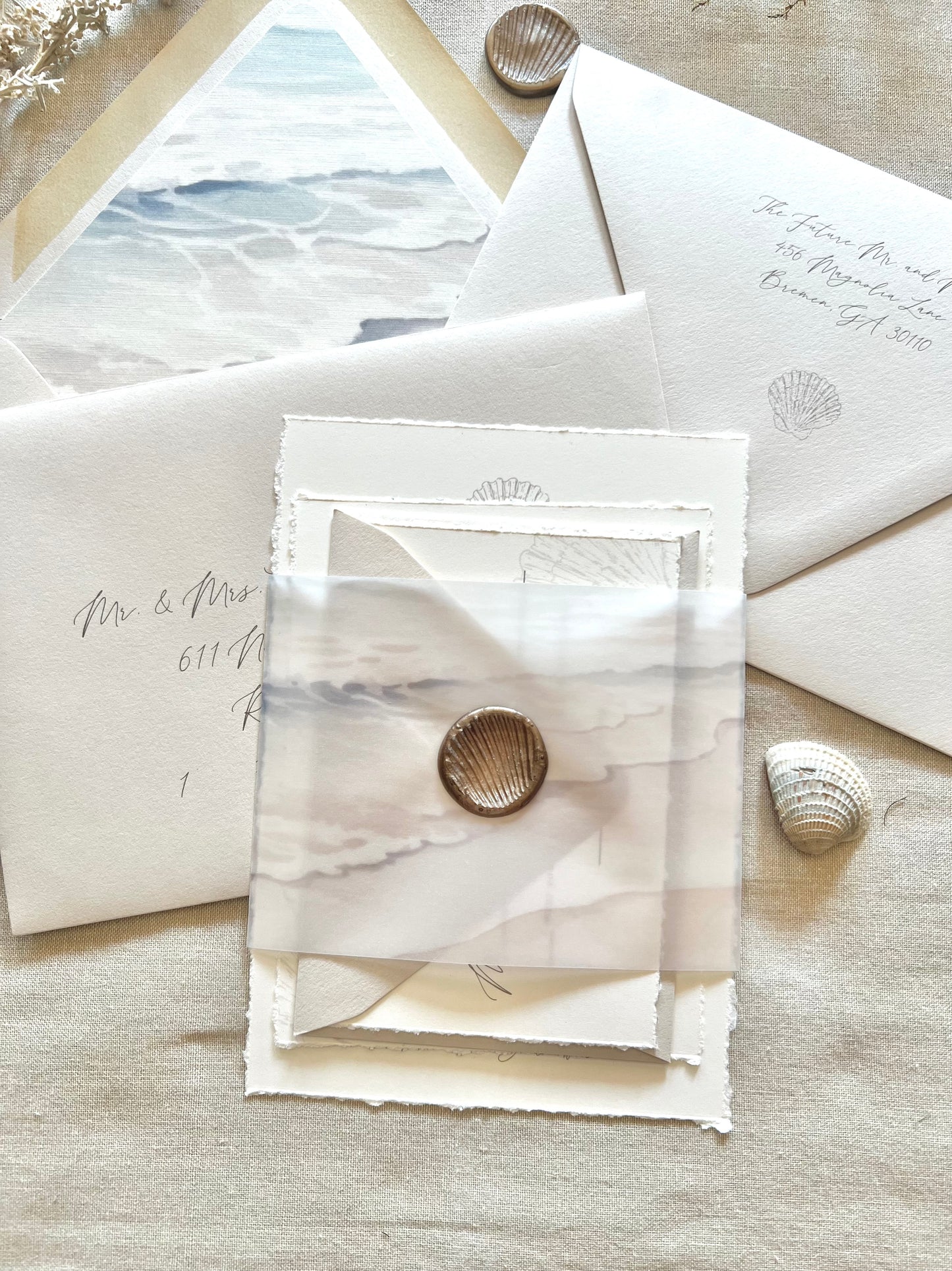Ocean Waves Beach Wedding Invitation with Vellum & Wax Seal