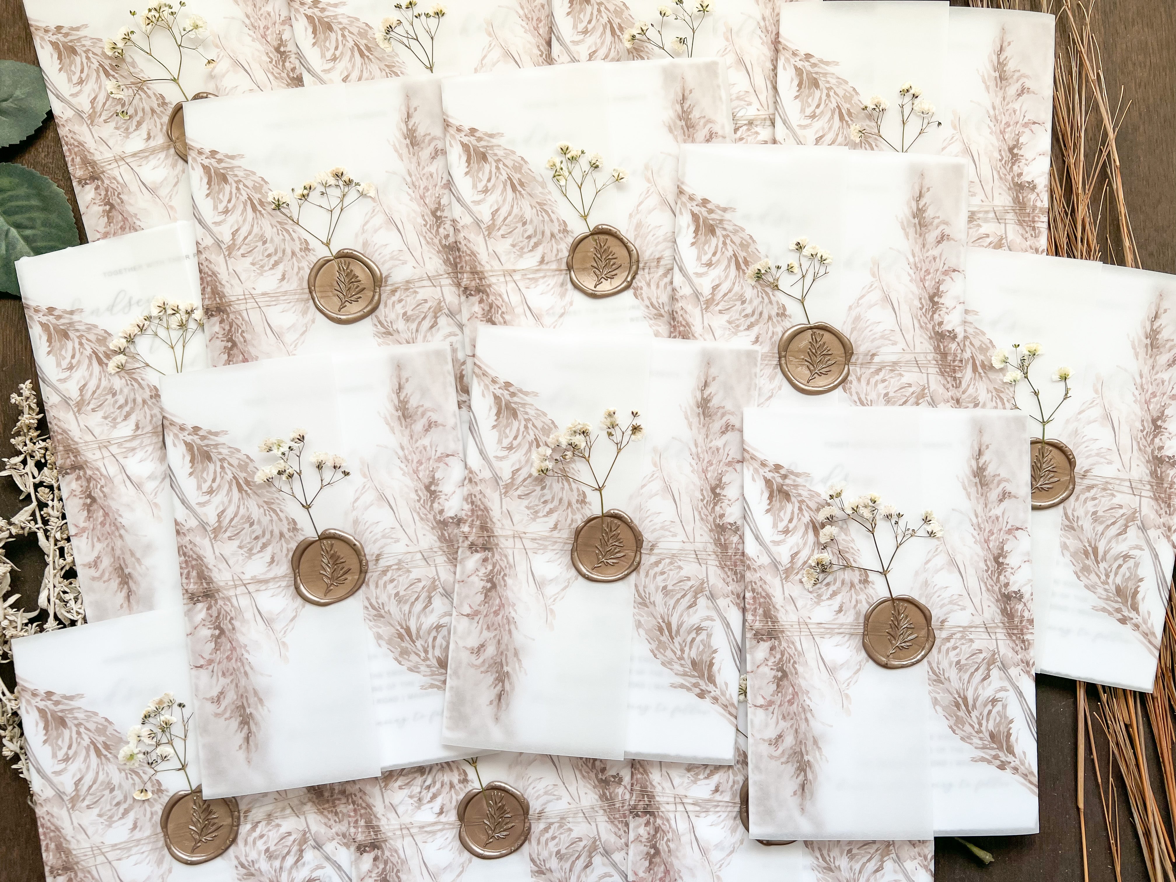 Pampas Grass and Baby’s Breath Wedding Invitation with Deckled Edge, Boho Vellum with Wax Seal