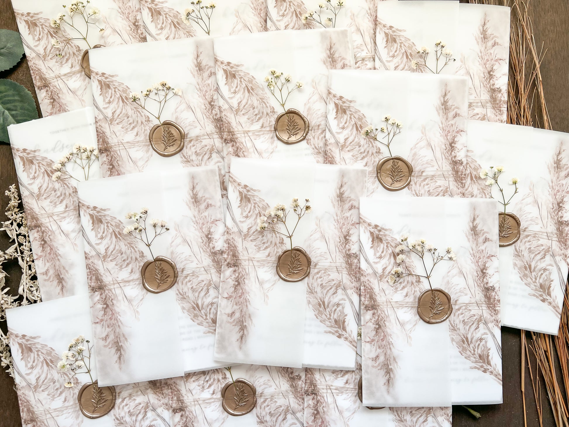 Pampas Grass and Baby’s Breath Wedding Invitation with Deckled Edge, Boho Vellum with Wax Seal