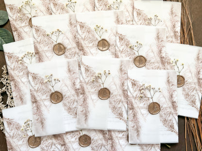 Pampas Grass and Baby’s Breath Wedding Invitation with Deckled Edge, Boho Vellum with Wax Seal