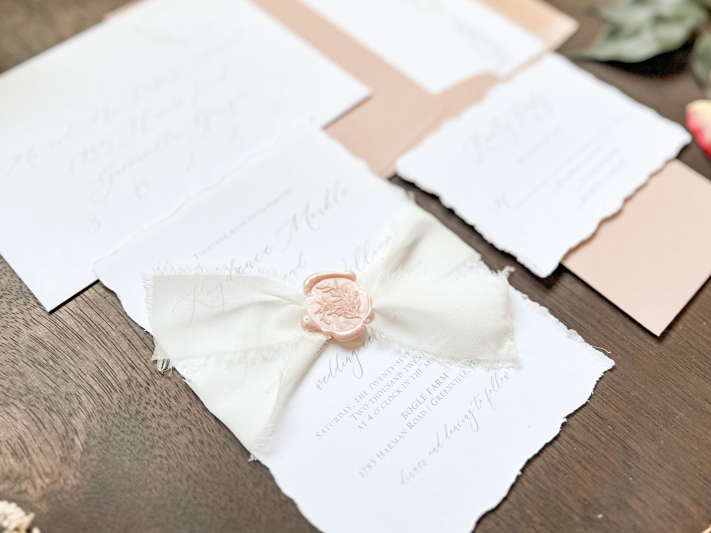 Soft and Sweet Wedding Invitation with Deckled Edging, White Chiffon Ribbon & Blush Pink Wax Seal