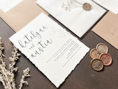 Baby’s Breath Wedding Invitation with Deckled Edging, Vellum Wrap and Wax Seal