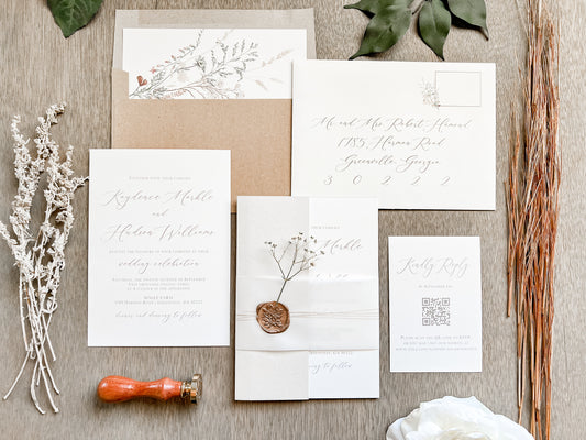Elegant Beige & Ivory Wedding Invitation with Baby’s Breath, Vellum Belly Band and Wax Seal