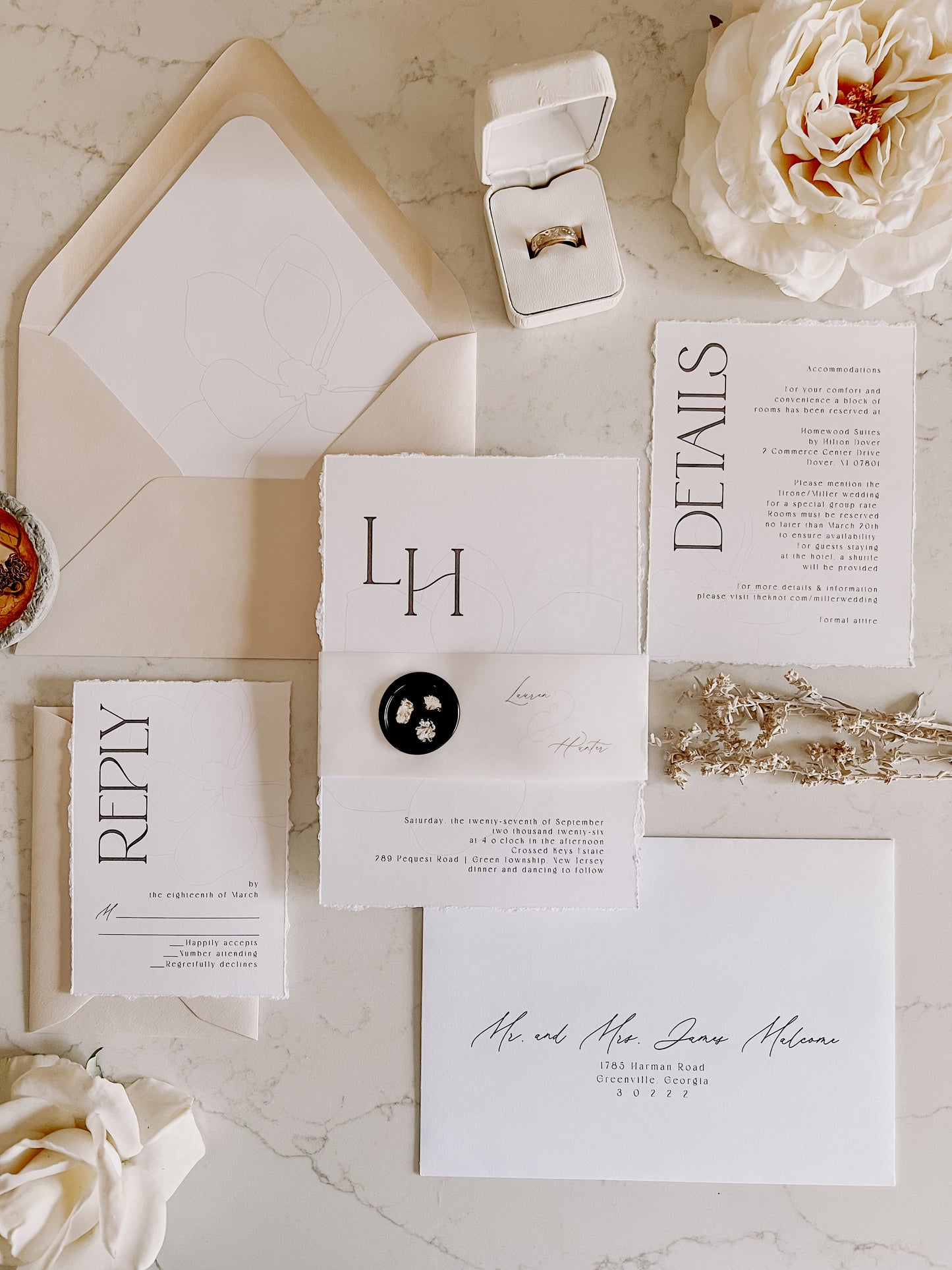Classic Magnolia Wedding Invitation with Vellum & Wax seal
