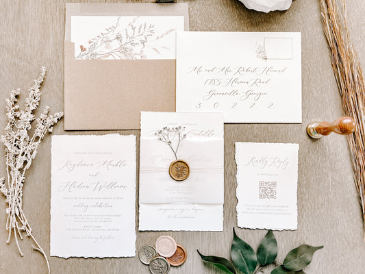 Vintage Ivory Baby’s Breath Wedding Invitation with Deckled Edging, Vellum Belly Band and Wax Seal