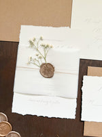 Elegant Ivory Baby’s Breath Wedding Invitation with Deckled Edging, Vellum Belly Band and Wax Seal