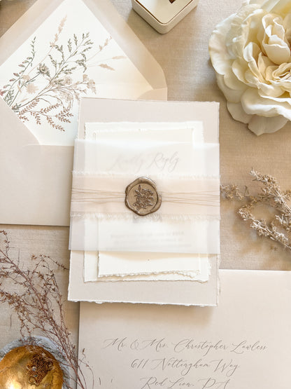 Neutral Wedding Invitation with Deckled Edging, Vellum Bellyband, Chiffon Ribbon and Wax Seal