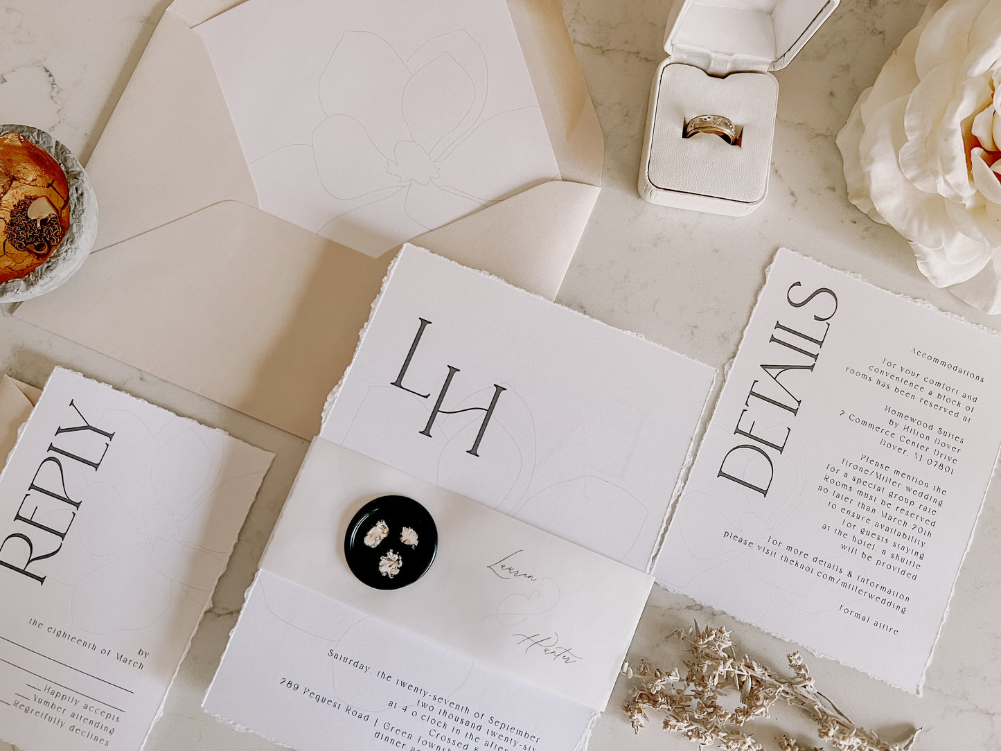 Classic Magnolia Wedding Invitation with Vellum & Wax seal