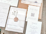 Neutral Wedding Invitation with Baby’s Breath, Deckled Edging, Vellum Belly Band and Wax Seal