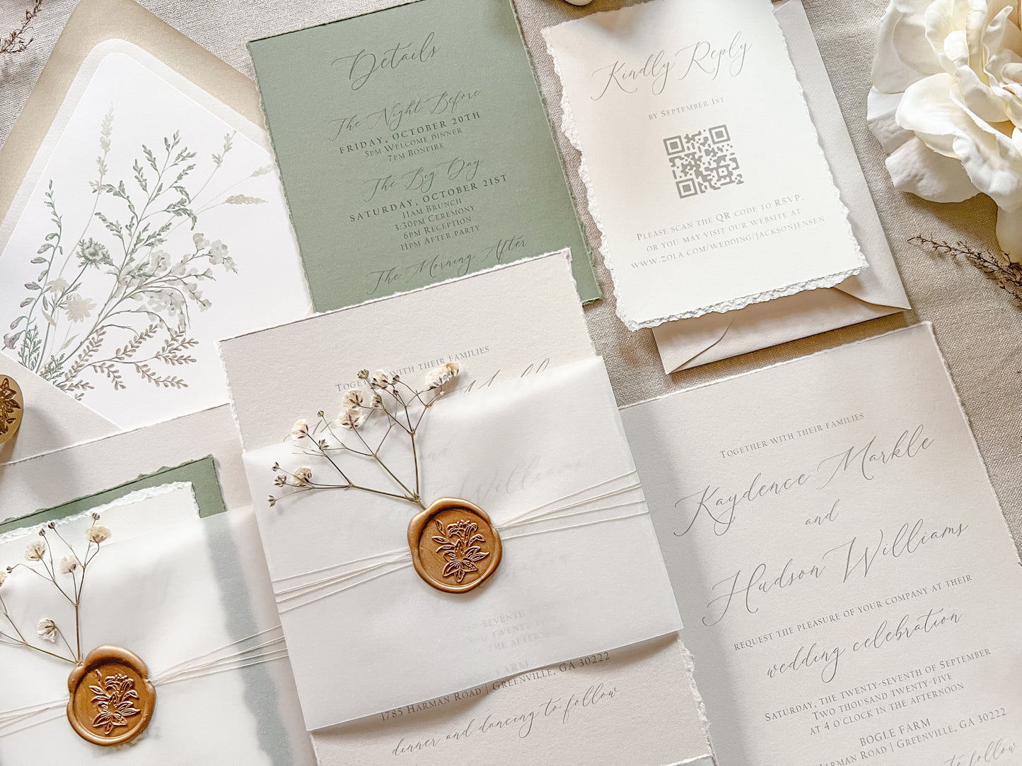 Baby’s Breath Wedding Invitation with Deckled Edging, Baby’s Breath, Vellum and Wax Seal