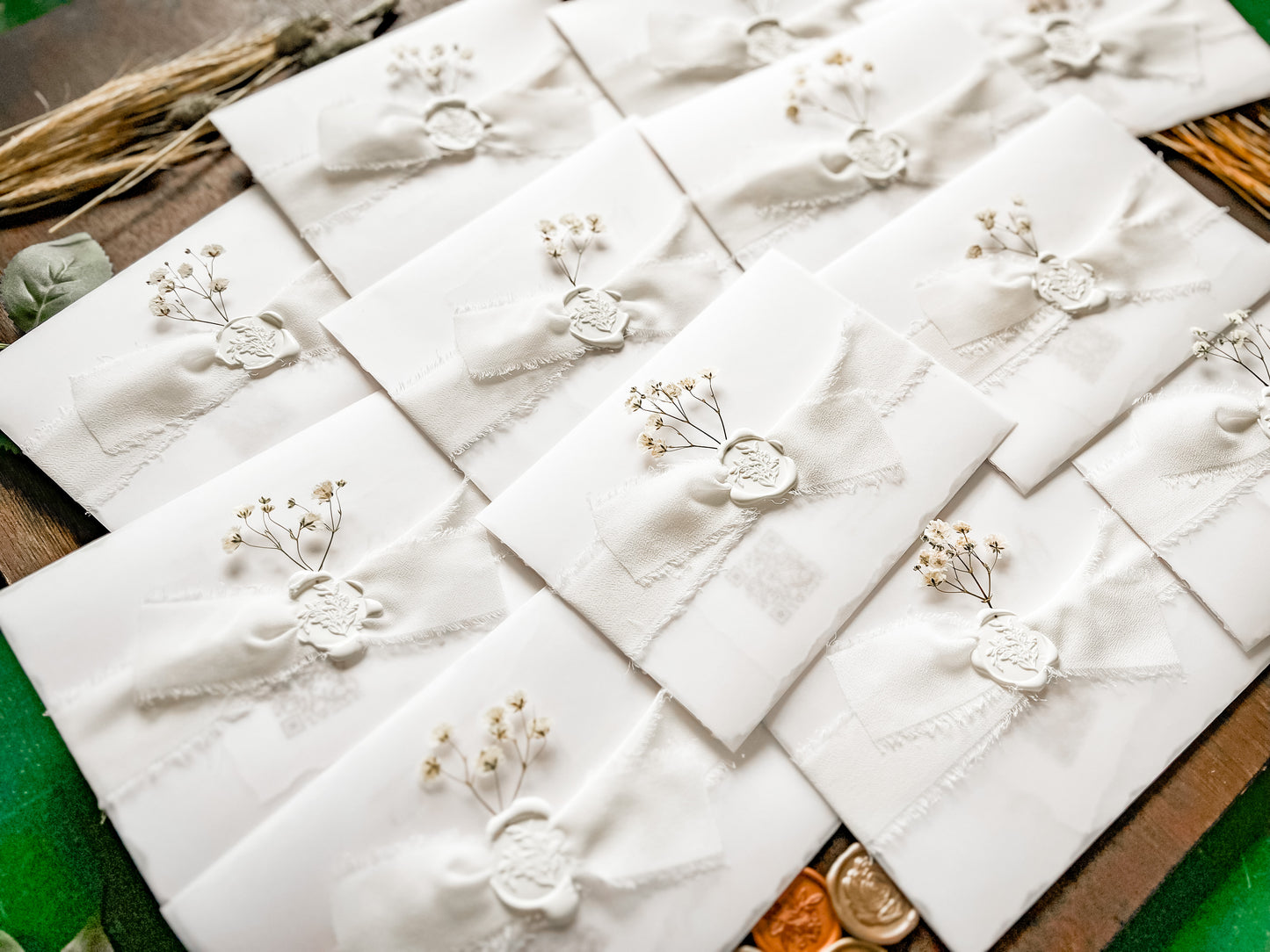 White Baby’s Breath Wedding Invitation with Deckled Edging, QR code RSVP, Vellum, Chiffon Ribbon and Wax Seal