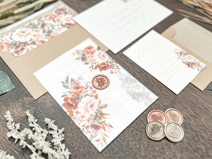 Copper Boho Wedding Invitation with Burnt Orange, Terracotta & Blush Flowers, wrapped in Vellum & Wax Seal