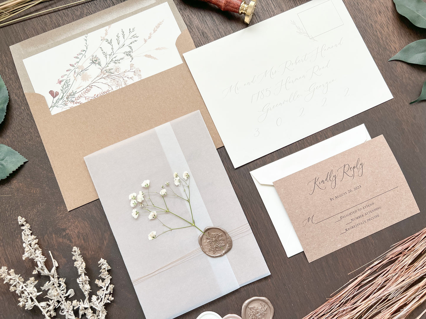 Rustic Baby’s Breath Wedding Invitation with Vellum Wrap and Wax Seal
