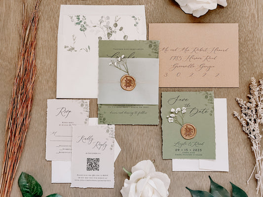 Sage Green and Baby’s Breath Wedding Invitation with Deckled Edging, Vellum Belly Band and Wax Seal