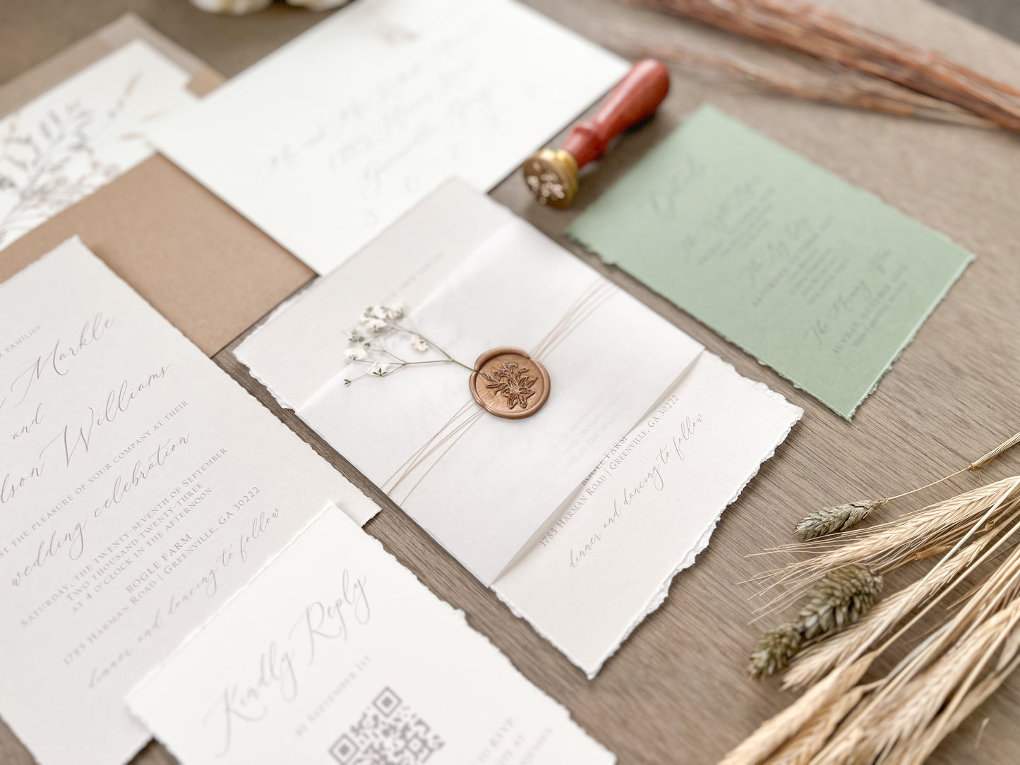 Baby’s Breath Wedding Invitation with Deckled Edging, Baby’s Breath, Vellum Belly Band and Wax Seal