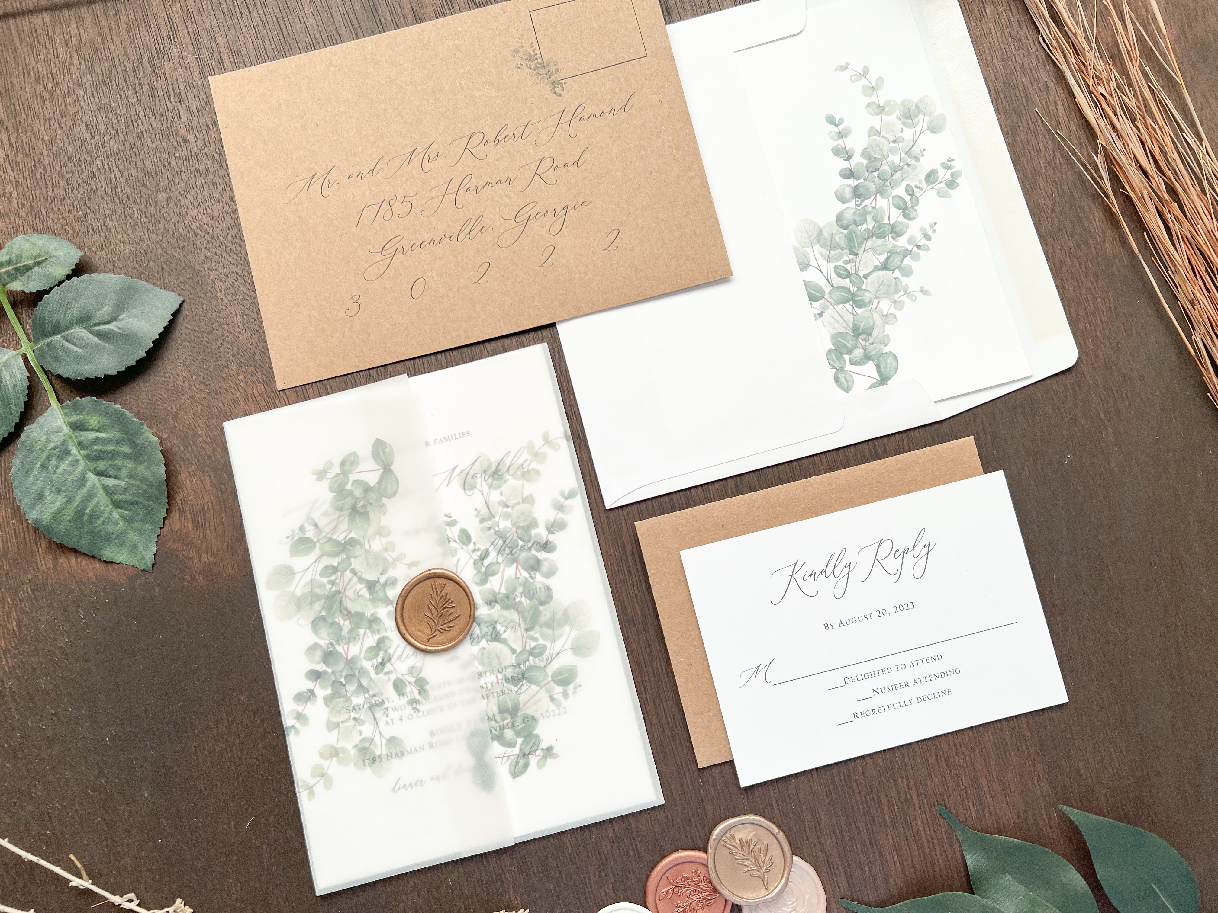 Eucalyptus Vellum Wedding Invitation with Antique Gold Wax Seal