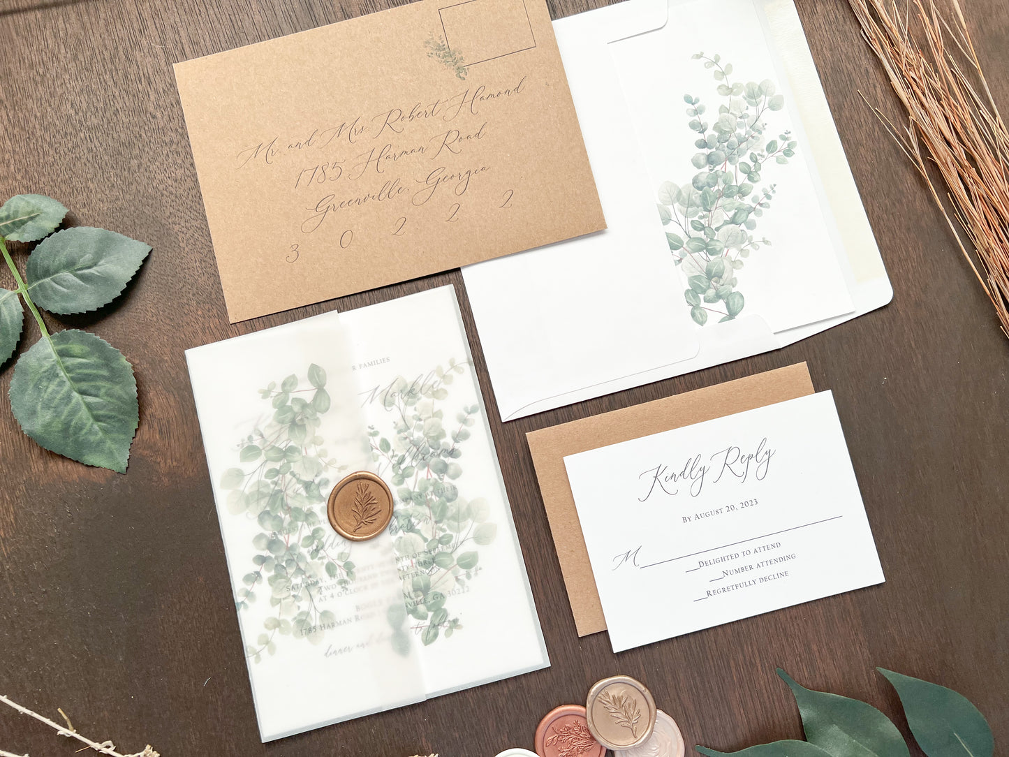 Eucalyptus Vellum Wedding Invitation with Antique Gold Wax Seal