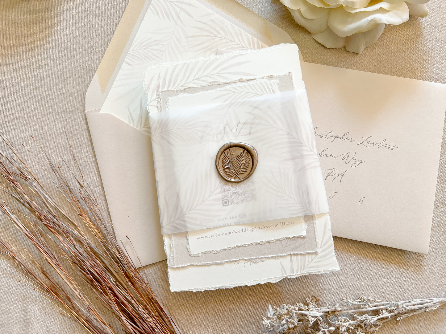 Tropical Palm Leaf Wedding Invitation with Vellum & Wax Seal