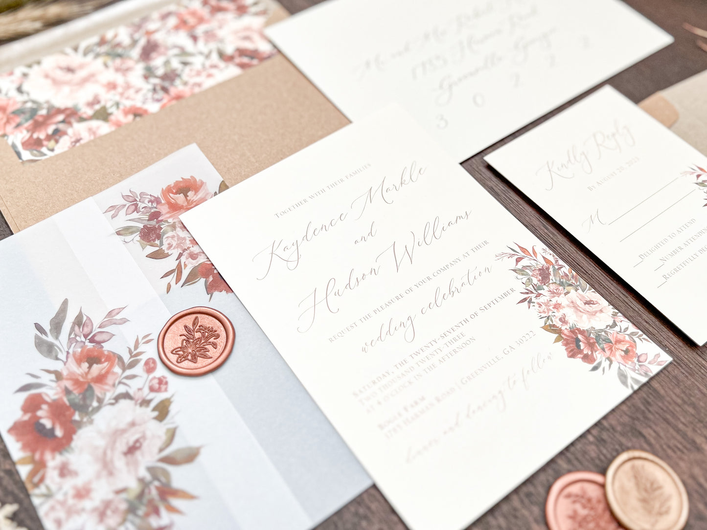 Copper Boho Wedding Invitation with Burnt Orange, Terracotta & Blush Flowers, wrapped in Vellum & Wax Seal