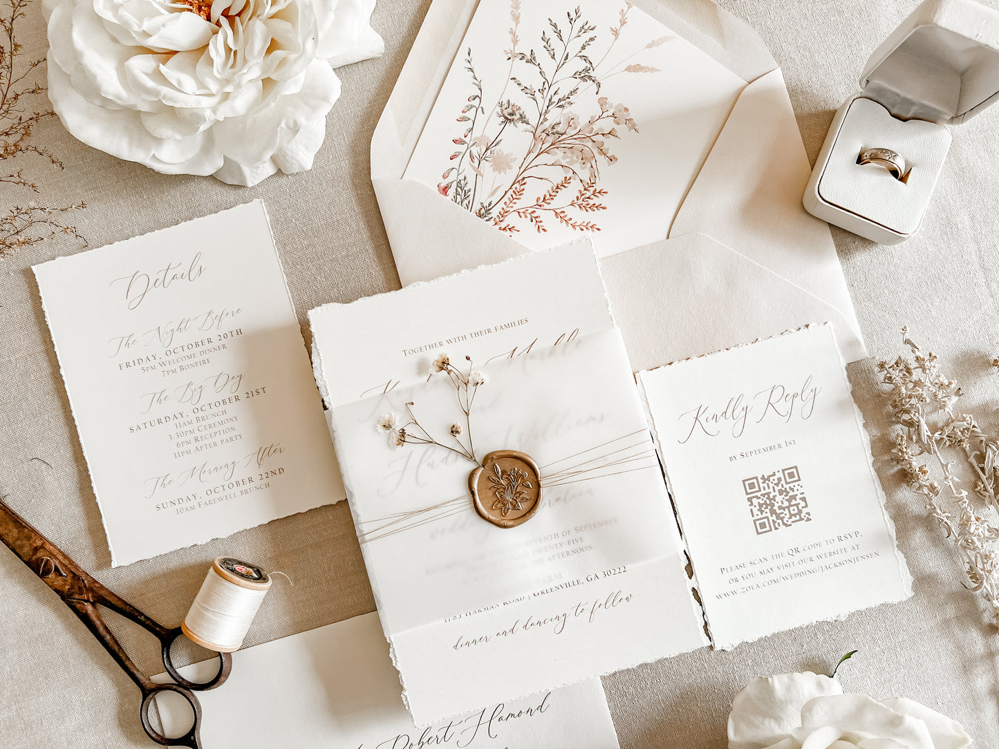 Elegant Ivory Baby’s Breath Invitation with Deckled Edging