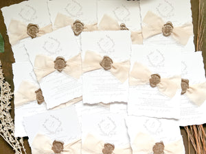 Classy Formal Elegant Wedding Invitation with Deckled Edging, Light Nude Chiffon Ribbon & Wax Seal