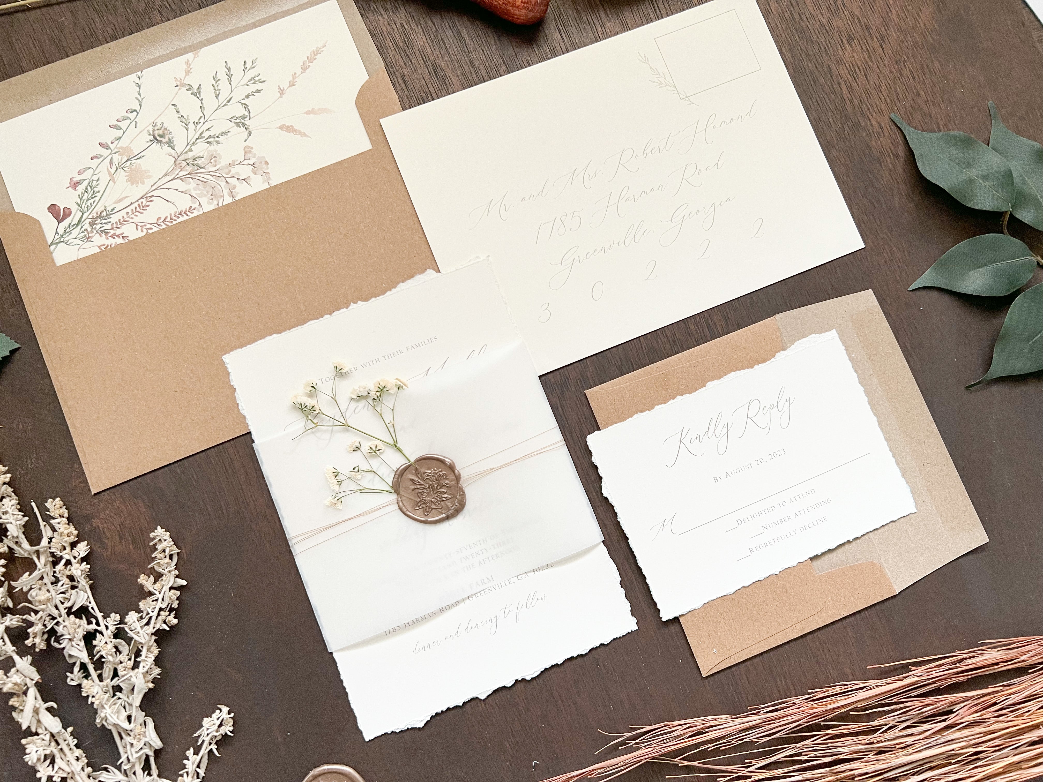 Elegant Ivory Baby’s Breath Wedding Invitation with Deckled Edging, Vellum Belly Band and Wax Seal