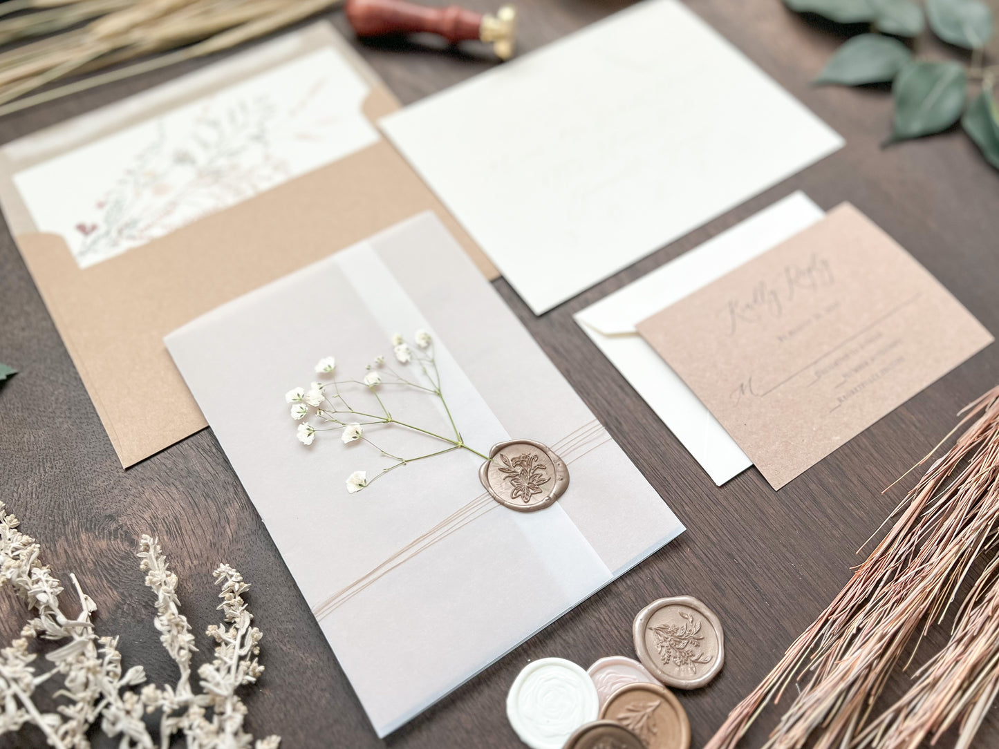 Rustic Baby’s Breath Wedding Invitation with Vellum Wrap and Wax Seal