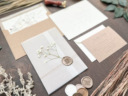 Rustic Baby’s Breath Wedding Invitation with Vellum Wrap and Wax Seal