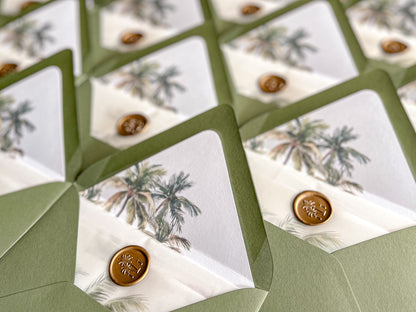 Tropical Wedding Invitation with Palm Tree, Vellum & Wax Seal