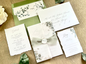 Greenery Vellum Wedding Invitation with Ribbon, Wax Seal & Deckled Edge