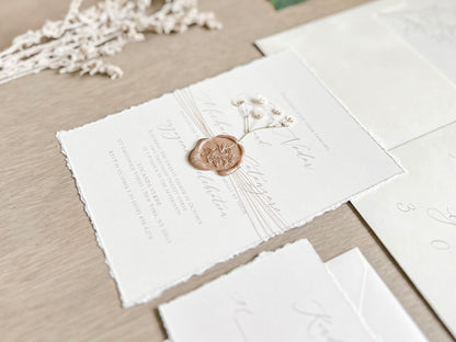 Elegant Ivory Baby’s Breath Wedding Invitation with Deckled Edging and Wax Seal