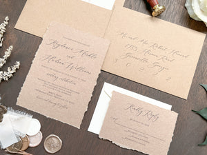 Rustic Elegant Wedding Invitation with Deckled Edging, Light Nude Chiffon Ribbon & Chocolate Wax Seal