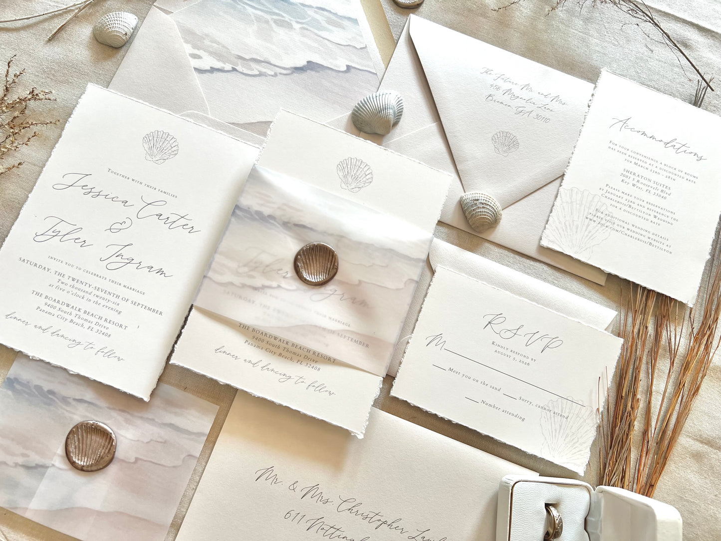 Ocean Waves Beach Wedding Invitation with Vellum & Wax Seal