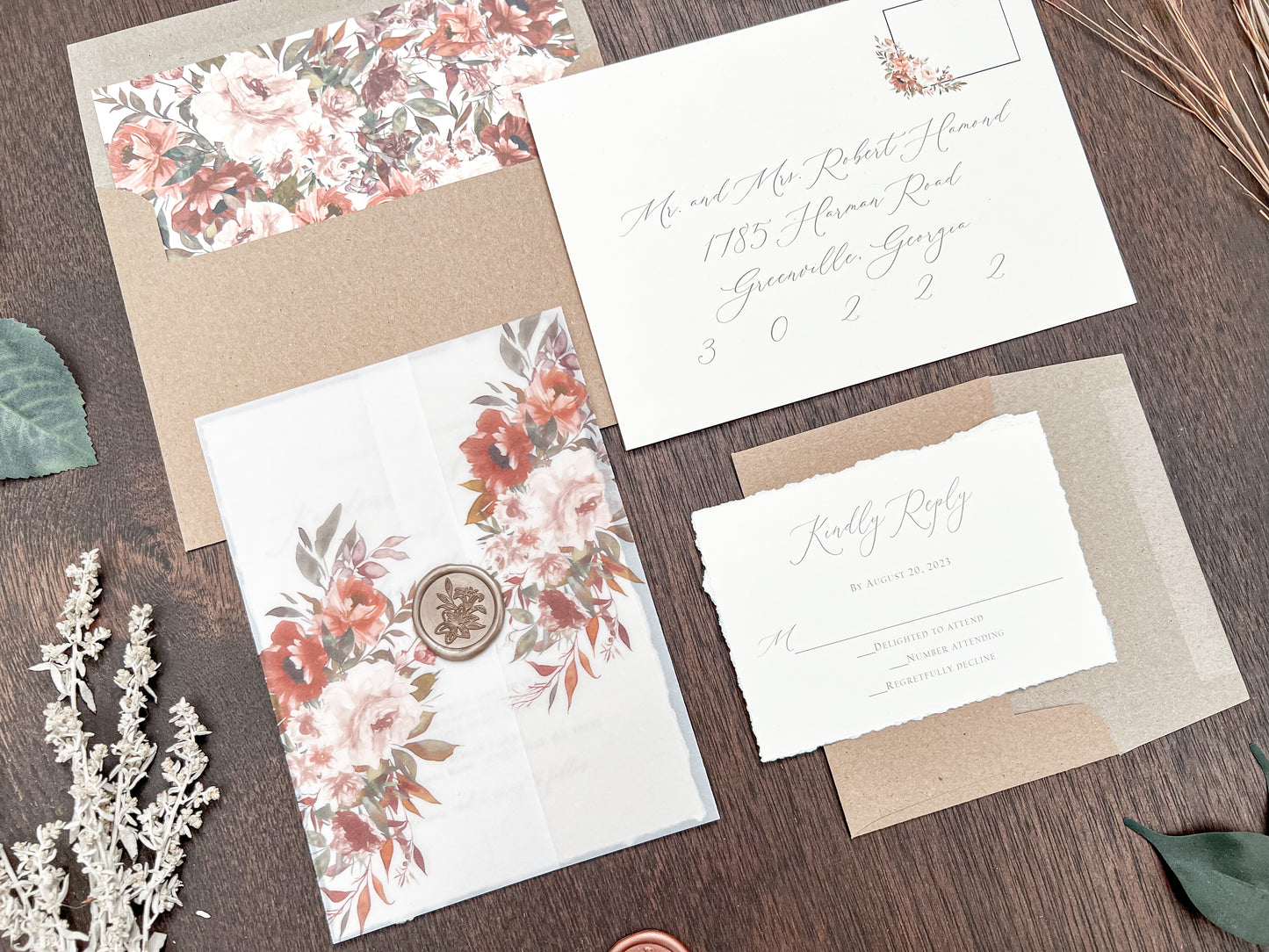 Boho Fall Floral Wedding Invitation with Deckled Edging, Vellum & Wax Seal