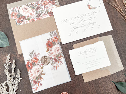 Boho Fall Floral Wedding Invitation with Deckled Edging, Vellum & Wax Seal