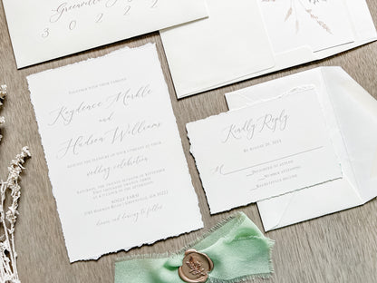 Sage Green Ribbon Wedding Invitation with Deckled Edging, Chiffon Ribbon & Antique Gold Wax Seal