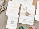 Neutral Wedding Invitation with Deckled Edging, Vellum Belly Band, Chiffon Ribbon, Dried Baby’s Breath and Wax Seal