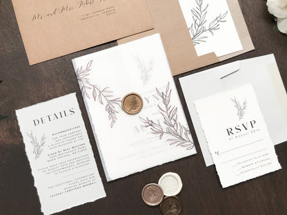 Contemporary Modern Boho Wedding Invitation with Deckled Edging, Vellum and Antique Gold Wax Seal