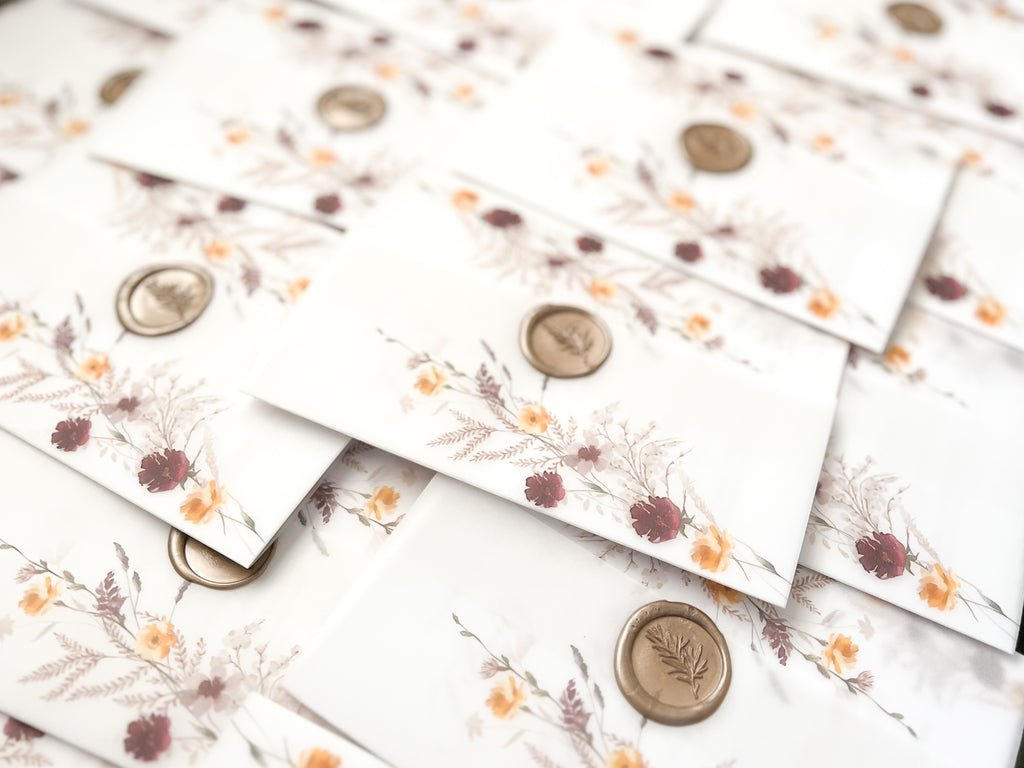 Plum and Yellow Gold Wildflower Vellum Wedding Invitation with Wax Seal