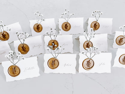 Folding Tent Wedding Place Cards with Baby’s Breath, Wax Seal and Deckled Edging