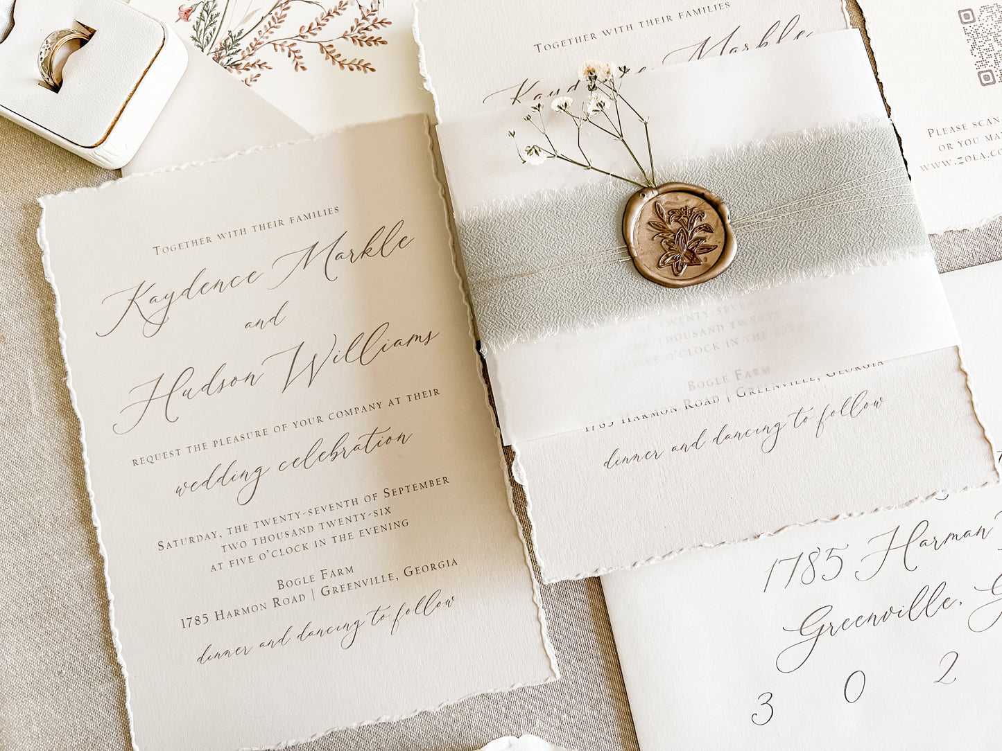 Muted Sage Green Wedding Invitation with Deckled Edging, Vellum, Ribbon, Baby’s Breath and Wax Seal